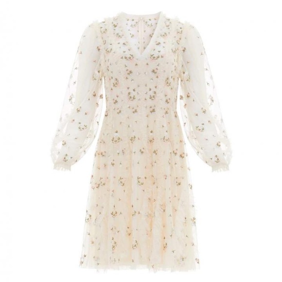Needle & Thread Dresses & Skirts - Needle & Thread Freida Ditsy Long Sleeve Mini Dress in Champagne